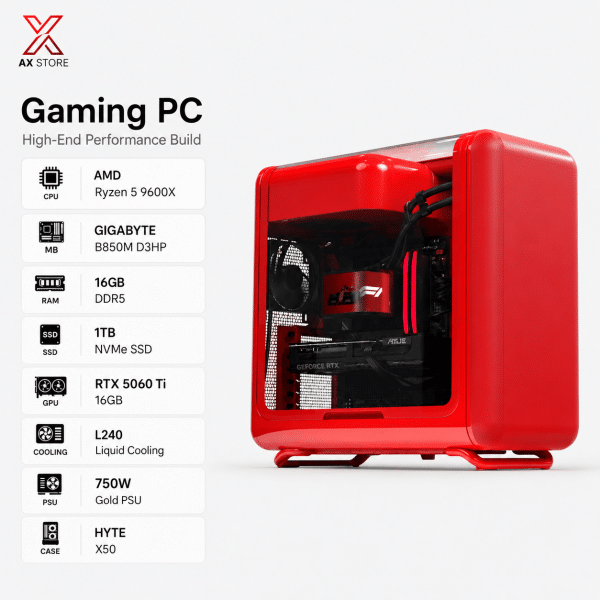 Gaming PC Ryzen 5 9600X - GIGABYTE B850M D3HP - 16GB DDR5 RAM - 1TB NVMe SSD - ASUS Dual RTX 5060 Ti 16GB - 750W Gold PSU - L240 Liquid Cooler - HYTE X50 Wild Cherry Case - Windows 11 Pro - AX Store Kuwait