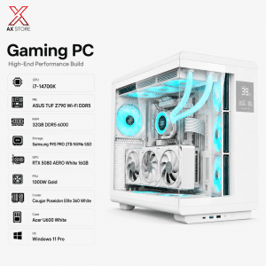 AX Store Gaming PC with Intel i7-14700K, RTX 5080 AERO White 16GB, 32GB DDR5 6000 RAM, Samsung 990 PRO 2TB NVMe SSD, Cougar Poseidon Elite 360 White cooling, and Windows 11 Pro