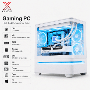 AX Store Gaming PC with i7-14700F, RTX 5070 White 12GB, 32GB DDR5 RAM, 1TB NVMe SSD, L240 White cooling, and Windows 11 Pro