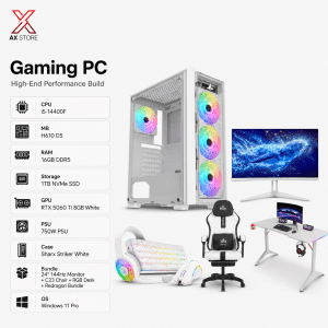AX Store Gaming PC bundle with i5-14400F, RTX 5060 Ti 8GB White, 16GB DDR5 RAM, 1TB NVMe SSD, Sades 24-inch 144Hz monitor, chair, desk, and Windows 11 Pro