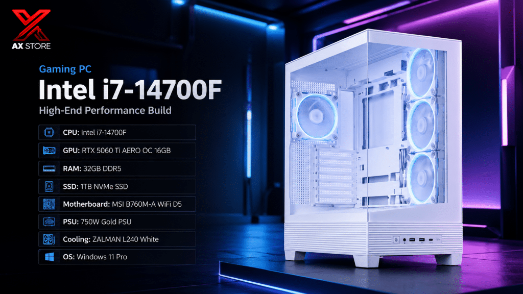 AX Store Gaming PC with Intel i7-14700F, RTX 5060 Ti 16GB, 32GB DDR5 RAM, 1TB NVMe SSD, ZALMAN L240 White cooling, and Windows 11 Pro