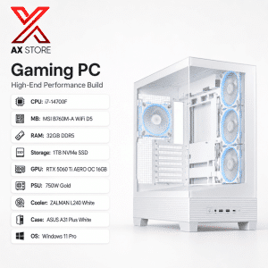 AX Store Gaming PC with Intel i7-14700F, RTX 5060 Ti AERO OC 16GB, 32GB DDR5 RAM, 1TB NVMe SSD, ZALMAN L240 White cooling, and Windows 11 Pro
