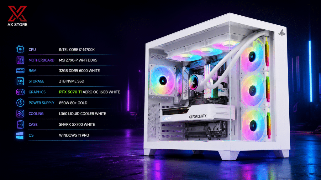 AX Store Gaming PC with Intel i7-14700K, RTX 5070 Ti AERO OC 16GB White, 32GB DDR5 6000 White RAM, 2TB NVMe SSD, L360 White cooling, and Windows 11 Pro