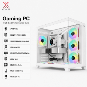 AX Store Gaming PC with Intel i7-14700K, RTX 5070 Ti AERO OC 16GB White, 32GB DDR5 6000 White RAM, 2TB NVMe SSD, L360 White cooling, and Windows 11 Pro