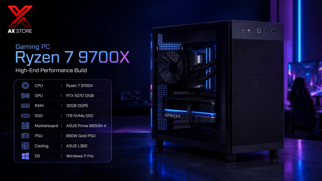 AX Store Gaming PC with Ryzen 7 9700X, RTX 5070 12GB, 32GB DDR5 RAM, 1TB NVMe SSD, ASUS L360 cooling, and Windows 11 Pro