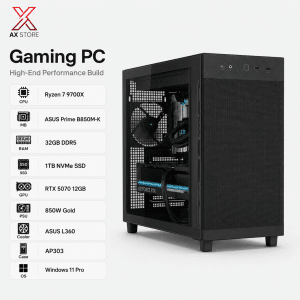AX Store Gaming PC with Ryzen 7 9700X, RTX 5070 12GB, 32GB DDR5 RAM, 1TB NVMe SSD, ASUS L360 cooling, and Windows 11 Pro