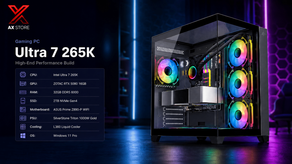 AX Store Gaming PC with Ultra 7 265K, RTX 5080 16GB, 32GB DDR5 6000 RAM, 2TB NVMe Gen4 SSD, L360 liquid cooling, and Windows 11 Pro