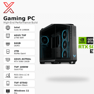 Gaming PC Intel i9-14900K - ASUS TUF Z790 WiFi - 64GB DDR5 RAM - 2TB NVMe Gen4 SSD - ASUS ASTRAL RTX 5080 16GB - ASUS TUF 1000W Gold PSU - ROG Strix LC III 360 LCD Cooler - ASUS TUF GT502 Horizon Black Case - Windows 11 Pro - AX Store Kuwait