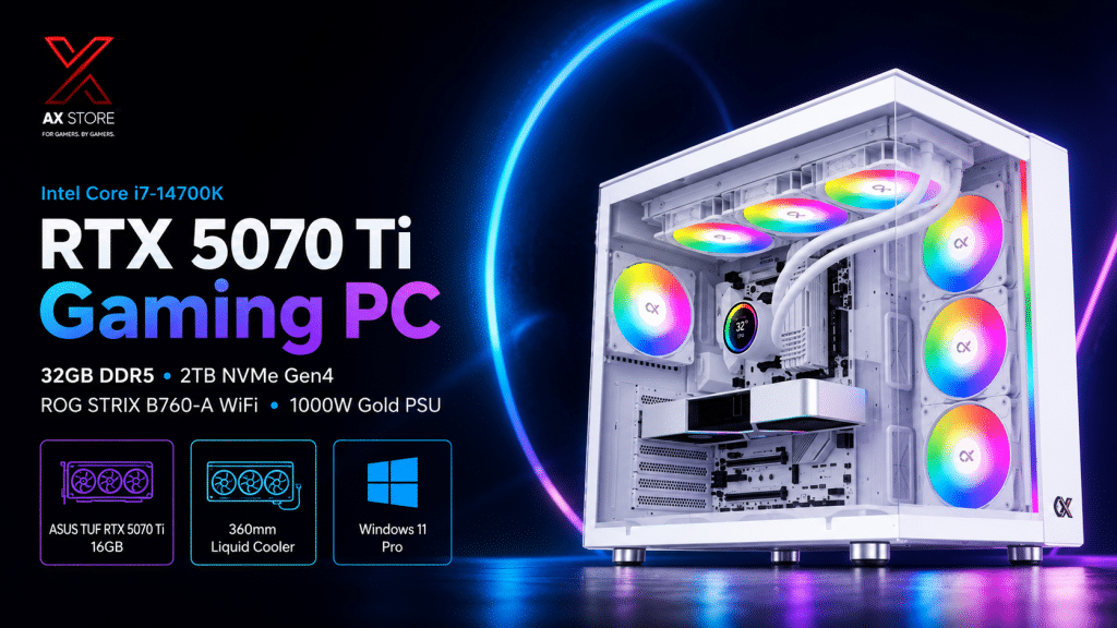 Gaming PC Intel Core i7-14700K with ASUS TUF RTX 5070 Ti 16GB, 32GB DDR5 RAM, 2TB Gen4 NVMe SSD and 360mm Liquid Cooling at AX Store