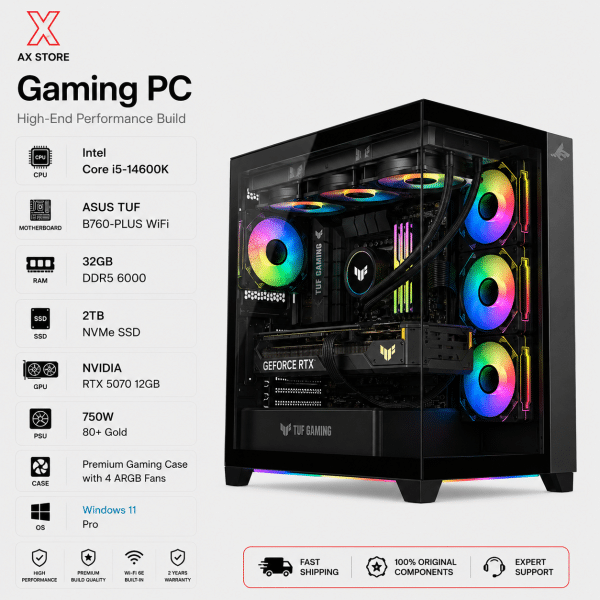 Gaming PC Intel i5-14600K - ASUS TUF B760 WiFi - 32GB DDR5 RAM - 2TB NVMe SSD - RTX 5070 12GB - 750W Gold PSU - L360 Liquid Cooler - Sharx Profin GX700 RGB Case - Windows 11 Pro - AX Store Kuwait