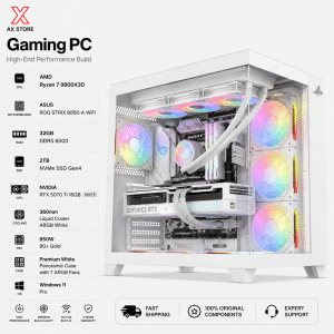 Gaming PC Ryzen 7 9800X3D - ASUS ROG STRIX B850-A WiFi - 32GB DDR5 6000 White RAM - 2TB NVMe Gen4 SSD - Zotac RTX 5070 Ti 16GB White - 850W Gold PSU - L360 White Liquid Cooler - Sharx Profin GX700 White Case - Windows 11 Pro - AX Store Kuwait