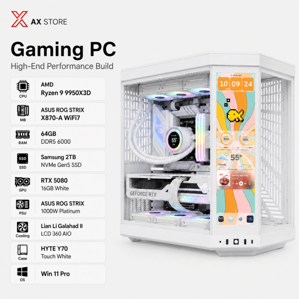 Gaming PC Ryzen 9 9950X3D - ASUS ROG STRIX X870-A WiFi 7 - 64GB DDR5 6000 - Samsung 2TB NVMe Gen5 SSD - ASUS ASTRAL RTX 5080 16GB White - 1000W Platinum PSU - Lian Li Galahad II LCD 360 - HYTE Y70 Touch White - Windows 11 Pro - AX Store Kuwait