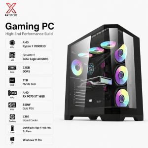 Gaming PC Ryzen 7 7800X3D - GIGABYTE B650 Eagle AX DDR5 - 32GB DDR5 RAM - 1TB NVMe SSD - AMD Radeon RX 9070 XT 16GB - 850W Gold PSU - L360 Liquid Cooler - DarkFlash Aigo FT418 Pro RGB Case - Windows 11 Pro - AX Store Kuwait