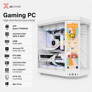 Gaming PC Ryzen 9 9950X3D - ASUS ROG STRIX X870-A WiFi 7 - 64GB DDR5 6000 - Samsung 2TB NVMe Gen5 SSD - ASUS ASTRAL RTX 5080 16GB White - 1000W Platinum PSU - Lian Li Galahad II LCD 360 - HYTE Y70 Touch White - Windows 11 Pro - AX Store Kuwait