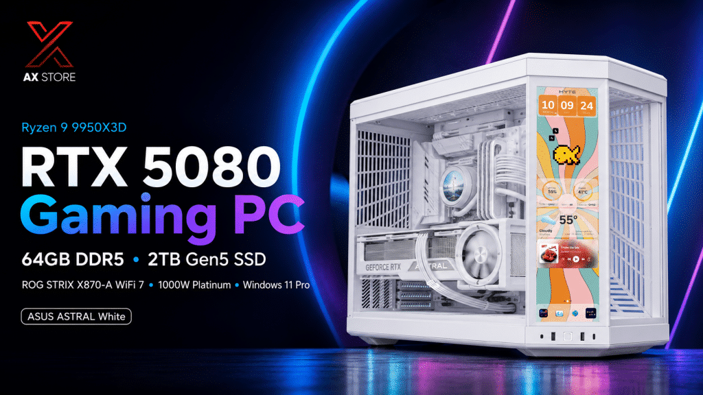 Gaming PC – AMD Ryzen 9 9950X3D, RTX 5080 16GB White, 64GB DDR5 6000 RAM, 2TB Gen5 NVMe SSD, ASUS ROG STRIX X870-A WiFi 7, 1000W Platinum PSU, Lian Li Galahad II LCD 360 AIO, HYTE Y70 Touch Infinite White, Windows 11 Pro - AX Store Kuwait - 6