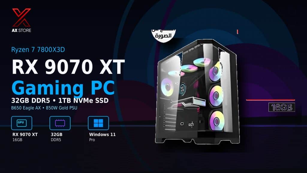 Gaming PC Ryzen 7-7800X3D with AMD RX 9070 XT 16GB, 32GB DDR5 RAM, 1TB NVMe SSD and L360 Liquid Cooling at AX Store