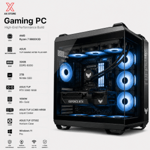 Gaming PC Ryzen 7 9800X3D - ASUS TUF X870E-Plus WiFi 7 - 32GB DDR5 RAM - 2TB NVMe SSD - ASUS TUF RTX 5080 16GB - 1000W Gold PSU - ASUS TUF L360 Liquid Cooler - ASUS TUF GT502 Horizon Case - Windows 11 Pro - AX Store Kuwait