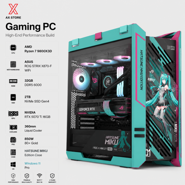 Gaming PC Ryzen 7 9800X3D - ASUS X870-P WiFi - 32GB DDR5 RAM - 2TB NVMe SSD - ASUS PRIME RTX 5070 Ti 16GB - 1000W Gold PSU - ASUS PRIME L360 Liquid Cooler - ROG Strix Helios II Hatsune Miku Case - Windows 11 Pro - AX Store Kuwait