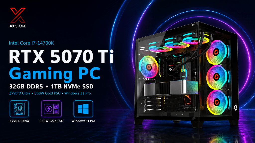 Gaming PC i7-14700K with RTX 5070 Ti 16GB, 32GB DDR5 RAM, 1TB NVMe SSD and L360 Liquid Cooling at AX Store