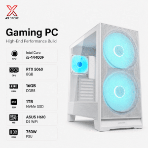 Gaming PC Intel i5-14400F - ASUS H610 D5 WiFi - 16GB DDR5 RAM - 1TB NVMe SSD - RTX 5060 8GB - 750W PSU - Cougar AIRFACE 180 White Case - Windows 11 Pro - AX Store Kuwait