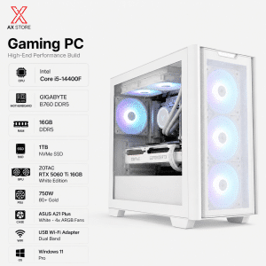 Gaming PC i5-14400F Processor, GIGABYTE B760 DDR5 Motherboard, 16GB DDR5 RAM, 1TB NVMe SSD, ZOTAC RTX 5060 TI 16GB White Graphics Card, 750 WATT GOLD PSU, Asus A21 Plus Micro ATX Case 4x ARGB Fans, USB Wi-Fi Adapter, Windows 11 Pro License - AX Store Kuwait