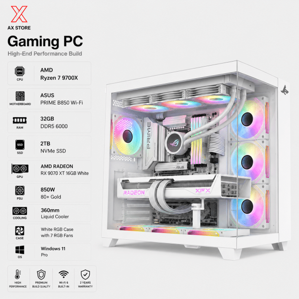 AMD Ryzen 7 9700X Gaming PC White - ASUS PRIME B850 Wi-Fi - 32GB DDR5 6000 - 2TB NVMe SSD - RX 9070 XT 16GB White - 850W Gold PSU - 360mm Liquid Cooling - Sharx Profin GX700 White Case - Windows 11 Pro - AX Store Kuwait