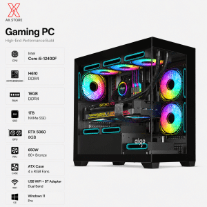 Gaming PC i5-12400F - H610 DDR4 MB - 16GB DDR4 RAM - 1TB NVMe SSD - RTX 5060 8GB - 650W PSU - Case with 4 RGB Fans - USB WiFi + BT Adapter - Windows 11 Pro - AX Store Kuwait