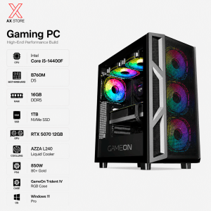 Gaming PC Intel i5-14400F - B760M D5 - 16GB DDR5 RAM - 1TB NVMe SSD - RTX 5070 12GB - 850W PSU - AZZA L240 Liquid Cooler - GameOn Trident IV RGB Case - Windows 11 Pro - AX Store Kuwait