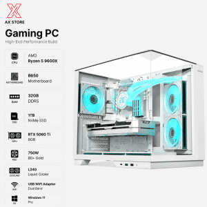 Gaming PC Ryzen 5 9600X - B650 MB - 32GB DDR5 RAM - 1TB NVMe SSD - RTX 5060 Ti 8GB - 750W PSU - L240 Liquid Cooler - Case with 6 ARGB Fans - USB WiFi - Windows 11 Pro - AX Store Kuwait