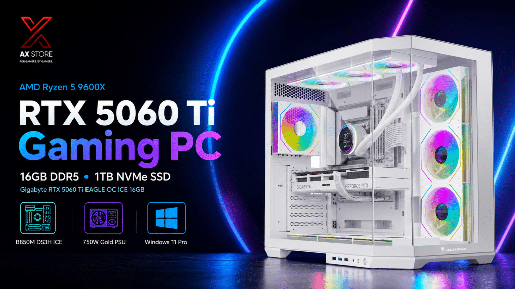 Gaming PC Ryzen 5 9600X with Gigabyte RTX 5060 Ti EAGLE OC ICE 16GB, 16GB DDR5 RAM, 1TB NVMe SSD and White L240 Liquid Cooling at AX Store