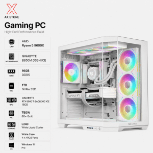 Gaming PC Ryzen 5 9600X - Gigabyte B850M DS3H ICE - 16GB DDR5 RAM - 1TB NVMe SSD - Gigabyte RTX 5060 Ti EAGLE OC ICE 16GB - 750W Gold PSU - L240 White Liquid Cooler - Jungle Leopard AS-01 White Case - Windows 11 Pro - AX Store Kuwait