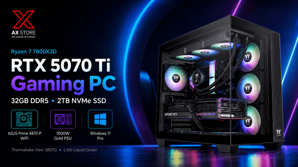 Gaming PC Ryzen 7-7800X3D with RTX 5070 Ti 16GB, 32GB DDR5 6000 RAM, 2TB NVMe SSD and Thermaltake L360 Liquid Cooling at AX Store