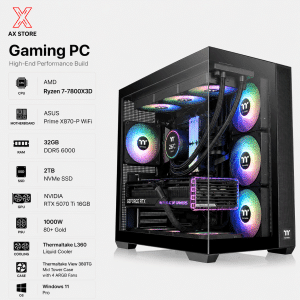 Gaming PC Ryzen 7 7800X3D - ASUS Prime X870-P WiFi - 32GB DDR5 6000 - 2TB NVMe SSD - RTX 5070 Ti 16GB - 1000W Gold PSU - Thermaltake L360 Liquid Cooler - Thermaltake View 380TG Case - Windows 11 Pro - AX Store Kuwait