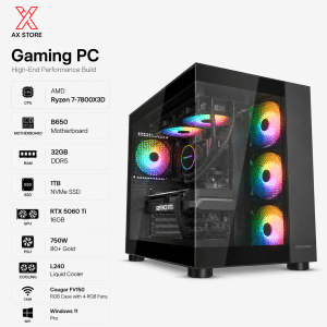 Gaming PC Ryzen 7-7800X3D - B650 MB - 32GB DDR5 RAM - 1TB NVMe SSD - RTX 5060 Ti 16GB - 750W GOLD PSU - L240 Liquid Cooler - Cougar FV150 RGB Case with 4 RGB Fans - Windows 11 Pro - AX Store Kuwait