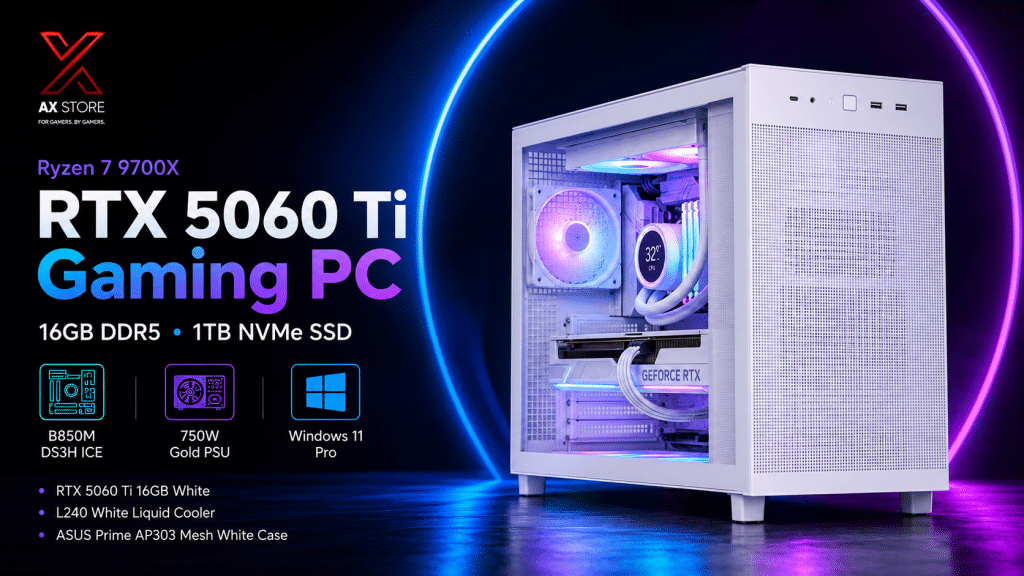 Gaming PC Ryzen 7 9700X with RTX 5060 Ti 16GB White, 16GB DDR5 RAM, 1TB NVMe SSD and ASUS Prime AP303 Mesh White Case at AX Store