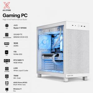 Gaming PC Ryzen 7 9700X - Gigabyte B850M DS3H ICE - 16GB DDR5 RAM - 1TB NVMe SSD - RTX 5060 Ti 16GB White - 750W Gold PSU - L240 White Liquid Cooler - ASUS Prime AP303 Mesh White Case - Windows 11 Pro - AX Store Kuwait