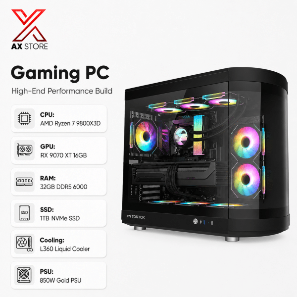 Gaming PC Ryzen 7 9800X3D - ASUS PRIME X870-P WIFI - 32GB DDR5 6000 - 1TB NVMe SSD - RX 9070 XT 16GB - 850W Gold PSU - L360 Liquid Cooler - Tortox Vidrio RGB Case - Windows 11 Pro - AX Store Kuwait