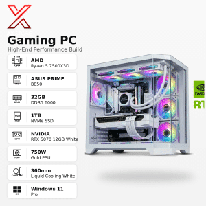 AMD Ryzen 5 7500X3D Gaming PC - ASUS PRIME B850 - 32GB DDR5 6000 - 1TB NVMe SSD - RTX 5070 12GB White - 750W Gold PSU - 360mm Liquid Cooling White - RGB Case - Windows 11 Pro - AX Store Kuwait