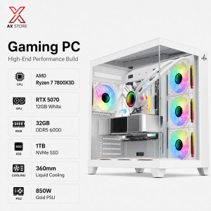 AMD Ryzen 7 7800X3D Gaming PC White - GIGABYTE X870 WIFI - 32GB DDR5 6000 - 1TB NVMe SSD - RTX 5070 12GB White - 850W Gold PSU - 360mm Liquid Cooling - RGB Case - Windows 11 Pro - AX Store Kuwait