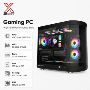 Gaming PC Ryzen 7 9800X3D - ASUS PRIME X870-P WIFI - 32GB DDR5 6000 - 1TB NVMe SSD - RX 9070 XT 16GB - 850W Gold PSU - L360 Liquid Cooler - Tortox Vidrio RGB Case - Windows 11 Pro - AX Store Kuwait