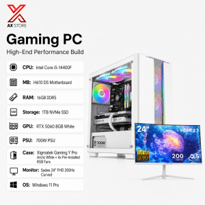 White Gaming PC Bundle with Intel i5-14400F, RTX 5060 8GB White, 16GB DDR5 RAM, 1TB NVMe SSD and Sades 24-inch 200Hz Curved Monitor