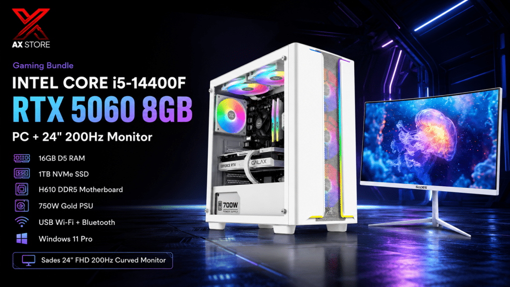 White Gaming PC Bundle with Intel i5-14400F, RTX 5060 8GB White, 16GB DDR5 RAM, 1TB NVMe SSD and Sades 24-inch 200Hz Curved Monitor
