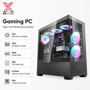 AMD Ryzen 5 9600X Gaming PC - B650 - 16GB DDR5 - 1TB NVMe SSD - RX 9060 XT 16GB - 750W Bronze PSU - 240mm Liquid Cooling - RGB Case - Windows 11 Pro - AX Store Kuwait