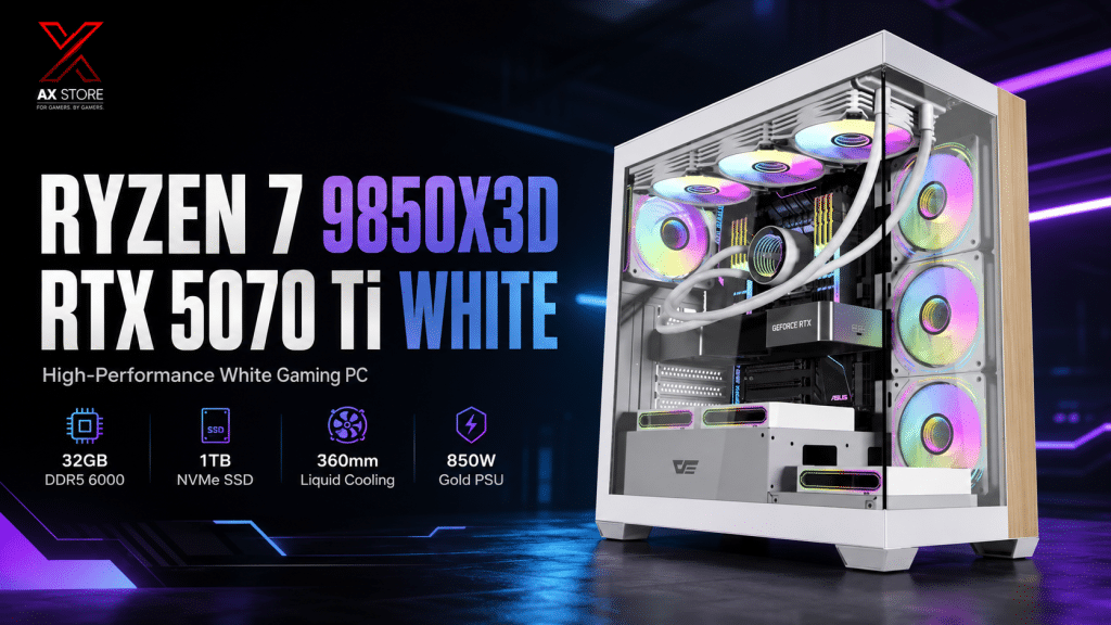 AMD Ryzen 7 9800X3D Gaming PC White with RTX 5070 Ti 16GB, 32GB DDR5, 1TB NVMe SSD and 360mm Liquid Cooling at AX Store