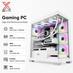 AMD Ryzen 7 9850X3D Gaming PC White - ASUS ROG STRIX B850-A WIFI - 32GB DDR5 6000 - 1TB NVMe SSD - RTX 5070 Ti 16GB White - 850W Gold PSU - 360mm Liquid Cooling - RGB Case - Windows 11 Pro - AX Store Kuwait
