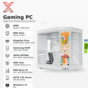 Gaming PC Ryzen 9 9950X3D with ASUS ASTRAL RTX 5090 32GB White, 64GB Kingston Fury DDR5 6000 CL30, Samsung 9100 2TB Gen5 NVMe SSD and HYTE Y70 Touch Infinite White at AX Store