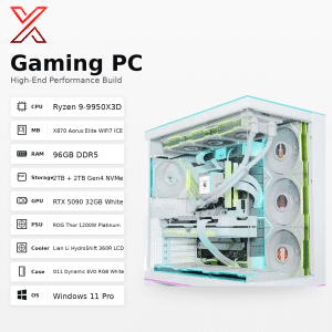 AX Store Gaming PC with Ryzen 9 9950X3D, RTX 5090 32GB White, 96GB RGB RAM, dual 2TB NVMe SSD, Lian Li 360R liquid cooling, and Windows 11 Pro