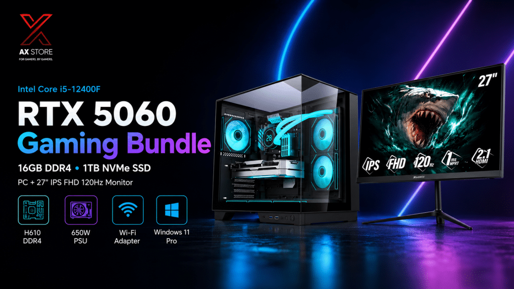 Gaming PC with Intel Core i5-12400F, H610 DDR4 MB, 16GB RAM, 1TB NVMe SSD, RTX 5060 8GB, 650W PSU, Acer V330 Black Case, SharX 27 inch 120Hz Monitor, and Windows 11 Pro at AX Store