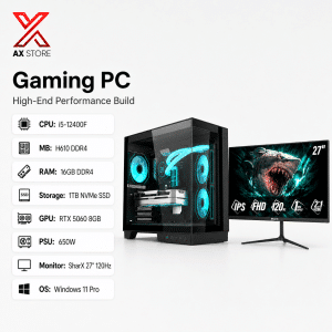 Gaming PC with Intel Core i5-12400F, H610 DDR4 MB, 16GB RAM, 1TB NVMe SSD, RTX 5060 8GB, 650W PSU, Acer V330 Black Case, SharX 27 inch 120Hz Monitor, and Windows 11 Pro at AX Store