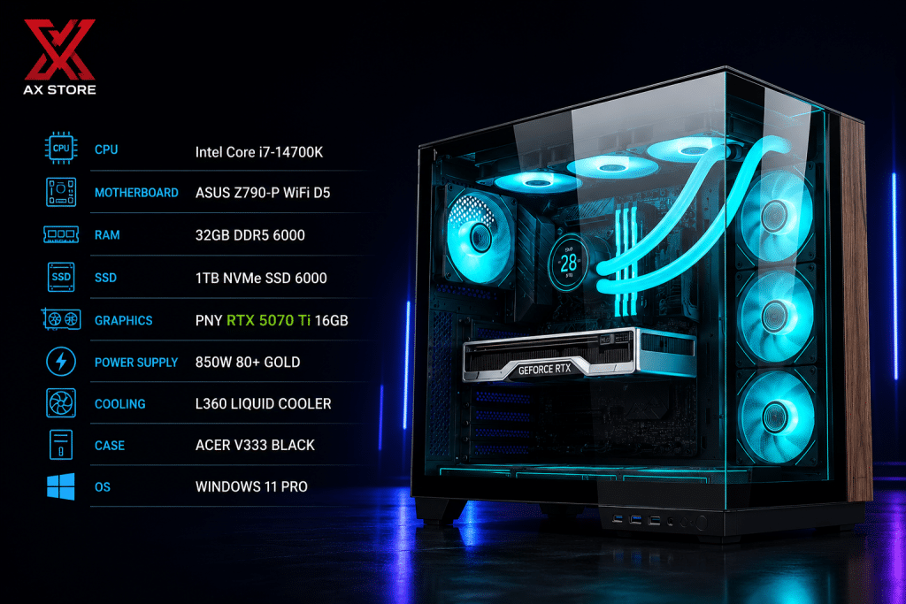 AX Store Gaming PC with Intel i7-14700K, PNY RTX 5070 Ti 16GB, 32GB DDR5 6000 RAM, 1TB NVMe SSD, L360 liquid cooling, and Windows 11 Pro